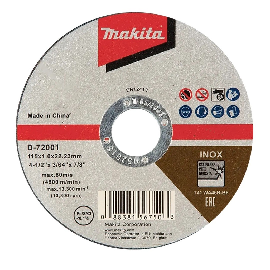 Disco corte makita 4 1/2  1 mm acero Inoxidable D-72001