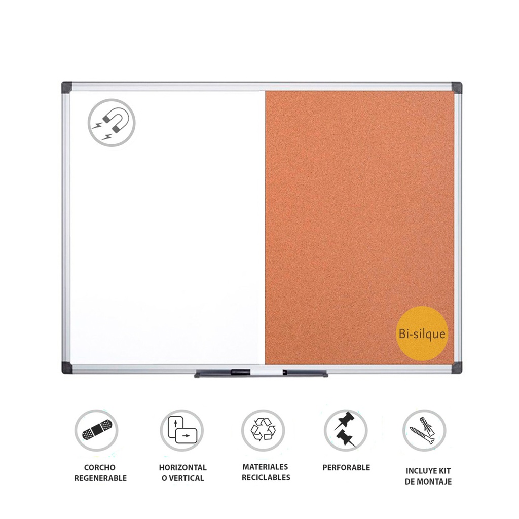 PIZARRA BLANCA Y CORCHO MAGNÉTICA BISILQUE 150×100