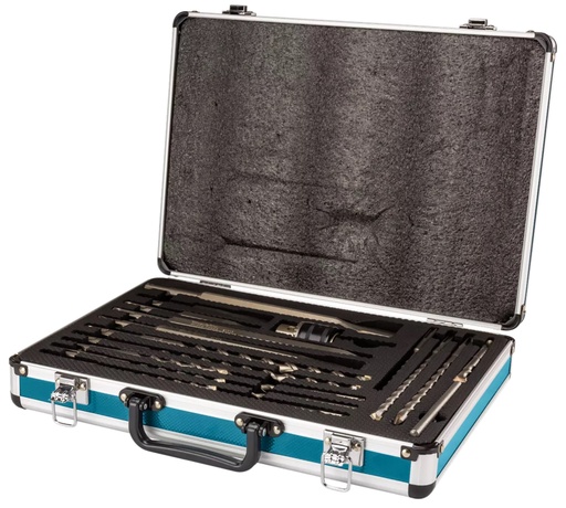[D-71196] SET 18 UNIDADES (2 PUNTOS 3 CINCELES 12 BROCAS,MANDRIL 13MM + ADAPT.C/LLAVE) CAJA METAL