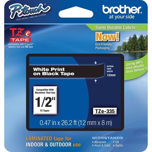 [TZE335] Cinta rotuladora Brother Blanco sobre negro 12 mm Tze335