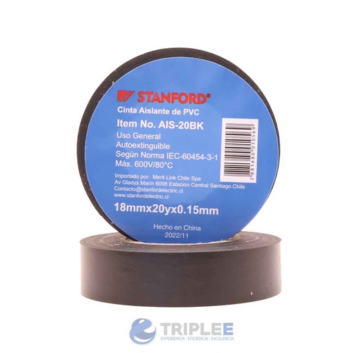 [AIS-20BK] Cinta Eléctrica Aislante Negra 18 mm  20 metros