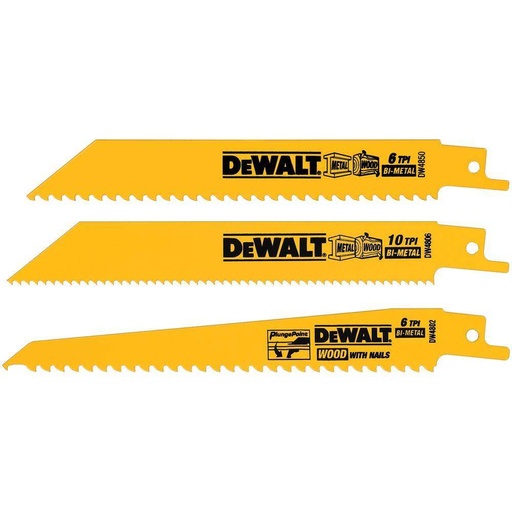 [DW4853] 3 hojas de sierra sable 6'' 6, 10 y 6 dientes Bi-Metal - Multimaterial